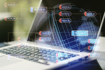 abstract creative coding concept with world map on modern laptop background. multiexposure