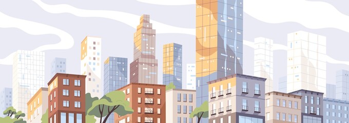 Fototapete - Modern city center with scyscrappers and residential houses. Colorful panoramic downtown view. Megalopolis cityscape. Metropolis skyline. Urban scenery. Vector illustration in flat style