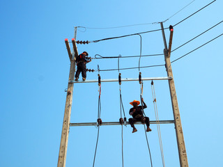 Man Working on the Working at height on construction site with blue sky