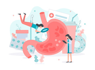 Wall Mural - Diagnosis and treatment of gastritis. Refusal from harmful food. Stomach health. Medical concept. Flat vector illustration.