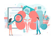 Checking kidney health. Drink more water and special diet. Medical concept with tiny people. Flat vector illustration.