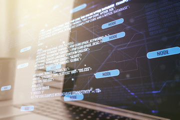 Multi exposure of abstract software development hologram on laptop background, research and analytics concept