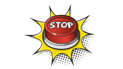 Red Stop button expression text on a Comic bubble with halftone. Vector illustration of a bright and dynamic cartoonish img in retro pop art style isolated on white background