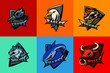 Hand drawn sport team mascot logo design. T-shirt print illustration. Tiger, wolf, bull, crow, shark, eagle.
