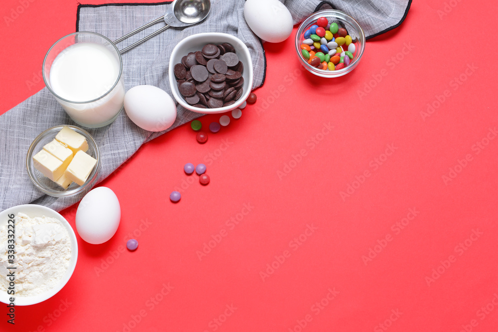 Ingredients for preparing bakery on color background