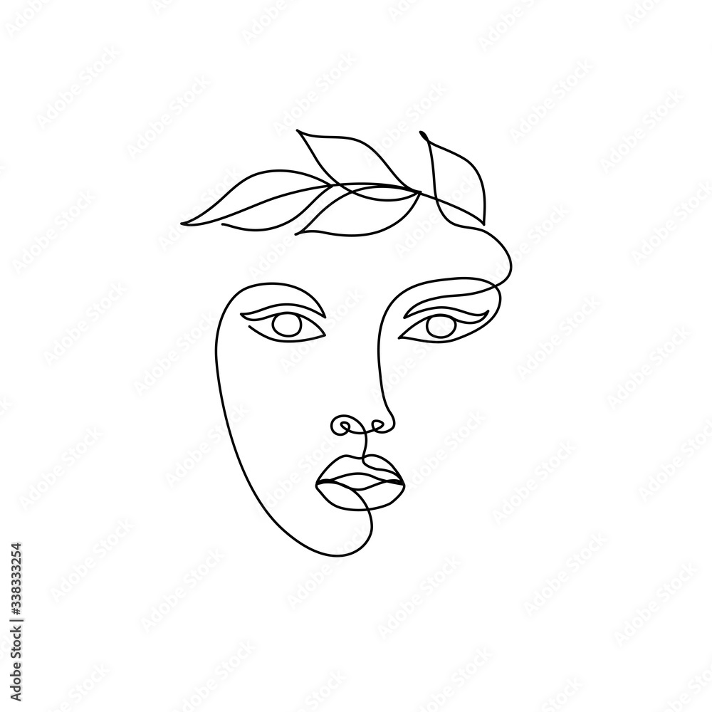 Abstract minimal line drawing beauty woman face with leaves - obrazy, fototapety, plakaty 
