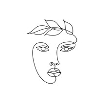 Abstract Minimal Line Drawing Beauty Woman Face With Leaves