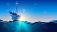 Offshore Oil Or Gas Rig In Sea At Sunset Time. Industry Drill Platform In Ocean. Water With Underwater Bubbles With Sunrise On Horizon. Subsea Marine Landscape. Mining Petroleum.