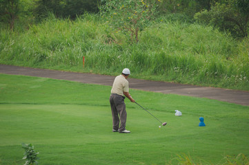 Golfer kicks the ball. Summer landscape - golf course.