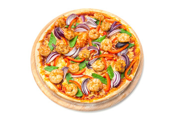 Pizza with  grilled prawns, red onions, snow peas, pepper and cheese isolated on white