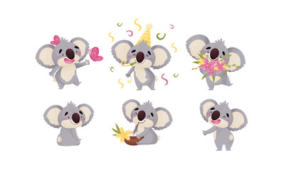 Cartoon Koala Animal with Big Ears and Nose Drinking Coconut Cocktail with Straw and Holding Flowers Vector Set