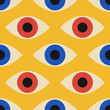 Seamless pattern with minimal 20s geometric design with eyes, vector template with primitive shapes elements