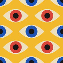 Seamless Pattern With Minimal 20s Geometric Design With Eyes, Vector Template With Primitive Shapes Elements
