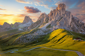 Amazing sunset landscape, alpine pass and high mountains