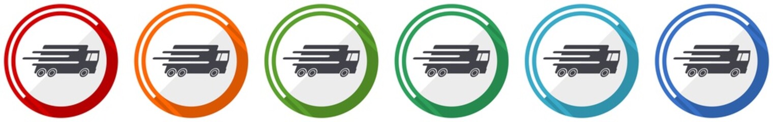 Aufkleber - Speed transport icon set, fast delivery, truck flat design vector illustration in 6 colors options for webdesign and mobile applications