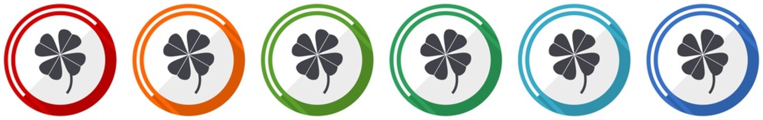 Aufkleber - Four-leaf clover icon set, flat design vector illustration in 6 colors options for webdesign and mobile applications