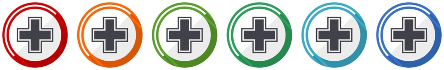 Leinwandbilder - Pharmacy icon set, flat design vector illustration in 6 colors options for webdesign and mobile applications