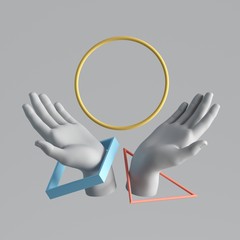 3d render white artificial hands with levitating colorful geometric shapes. Round blank frame. Modern minimal fashion concept. Human mannequin body parts isolated on plain background. Contemporary art