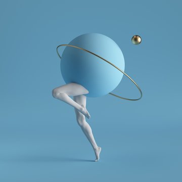 3d render, abstract surreal contemporary art. primitive geometric shapes: golden ring, ball, white d