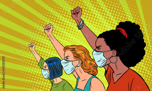 Photographie African Asian Caucasian women protest coronavirus epidemic