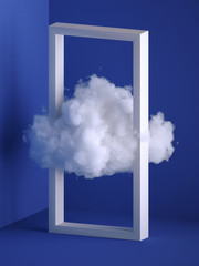 Wall Mural - 3d render, white fluffy cloud flying through the rectangular frame. Minimal room interior. Levitation. Objects isolated on blue background, modern design, abstract metaphor. Color of the year 2020