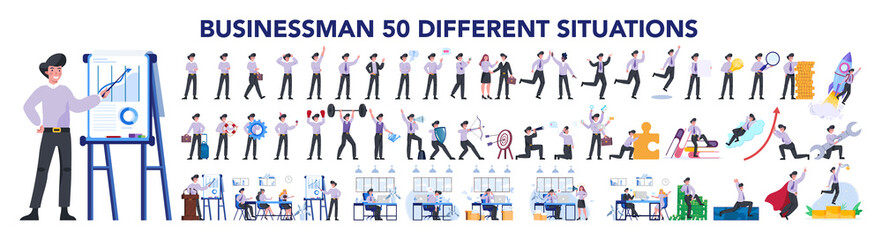 Businessman character set. Poses and meeting, data and hero.