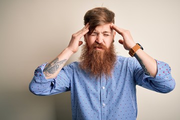 Canvas Print - Handsome Irish redhead business man with beard standing over isolated background suffering from headache desperate and stressed because pain and migraine. Hands on head.