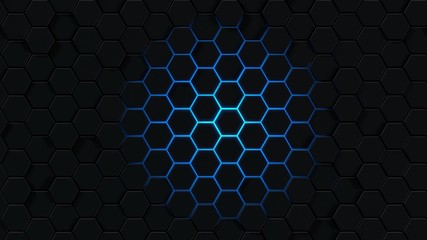Background with abstract hexagons. Blue honeycomb on a black background. 3d rendering of polygonal shapes