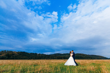 Wall Mural - wedding couple in field on the background of blue saturated sky