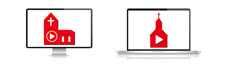 Laptop and monitor mockup online church service quarantine streaming video, christian church, chapel with cross flat icon for apps and websites