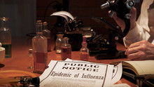 Notice Of The Influenza Epidemic Of The Year 1918 Lying On The Laboratory Table Of A Medical Research Scientist Studying The Virus.