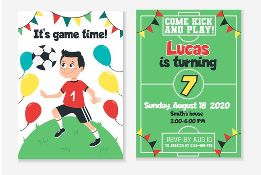 Wall Mural - Kids football birthday party invitation vector illustration. Game and win. Place and time information flat style. Come kick and play. Fun soccer and childhood concept