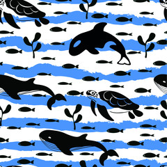 Wall Mural - Sea, ocean, whale , sea life , fashion vector seamless pattern on white background with waves. Concept for wallpaper, wrapping paper , cards 