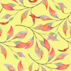 Red watercolor branches on yellow background: bright floral seamless pattern, hand drawn wallpaper design, tender textile print.