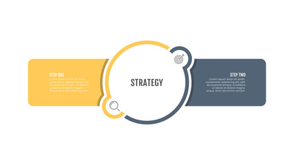 Business Infographic template. Creative layout with circle and marketing icons. Vector with 2 steps, options.