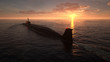 Heavy atomic submarine in ocean at sunset