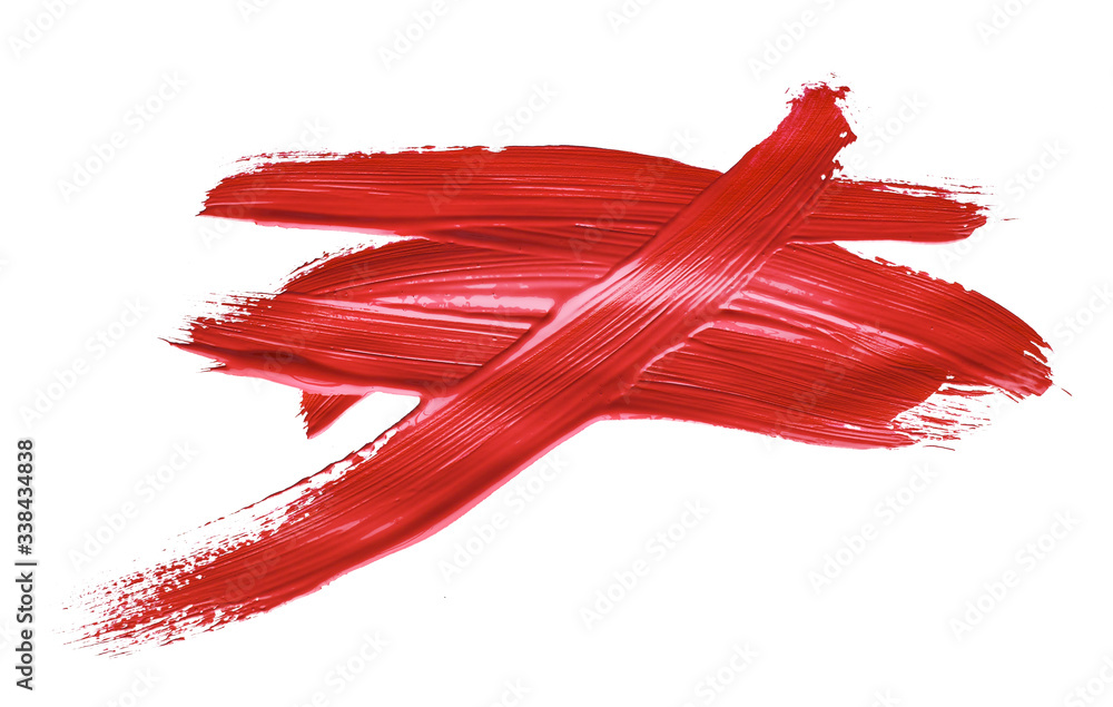 Red colored brush stroke paiting over isolated background, canvas watercolor texture, red lipstick smudge