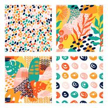 Abstract Shapes Geometric Vector Pattern Set In Bright Colors With Tropical Leaves, Brush Strokes, Animal Texture Print.