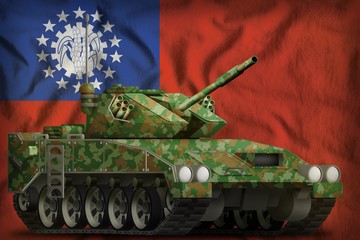 light tank apc with summer camouflage on the Myanmar national flag background. 3d Illustration