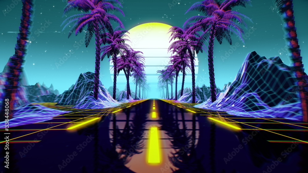 80s retro futuristic sci-fi background. Retrowave VJ videogame landscape with neon lights and low poly terrain grid. Stylized vintage cyberpunk vaporwave 3D render with mountains, sun and stars. 4K - obrazy, fototapety, plakaty 