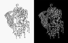 Lion Head With Flower Tattoo, Monoline Design	