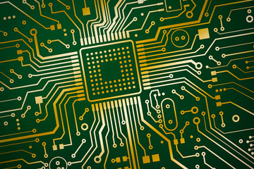 Poster - Information technologies. Microchip on circuit board, top view. Illustration