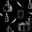 © AntonPix - Whiskey making process from grain to bottle. Pieces of equipment. Seamless pattern. White line sketch isolated on black background. EPS10 vector illustration.