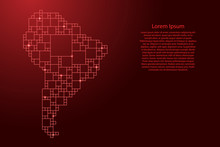 South America Map From Red Pattern From A Grid Of Squares Of Different Sizes . Vector Illustration.