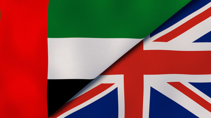 Wall Mural - The flags of United Arab Emirates and United Kingdom. News, reportage, business background. 3d illustration