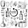 Whiskey related design elements set. Useful for bar pub or distillery branding and decoration. Hand drawn sketch style objects isolated on white background. EPS10 vector illustration