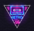 Neon Sign of Tape Cassette in Triangle with 'Retro Party' Text in Style of 80s. Design Template