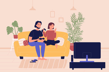 Young family couple sitting on sofa playing on TV gaming console video games in living room. Home leisure spare time, people resting and spending time together cartoon flat vector illustration