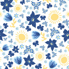 Blue Flowers, Butterflies And Yellow Suns Seamless Vector Pattern On A White Background. Decorative Summertime Surface Print Design. For Fabrics, Greeting Cards, Wrapping Paper, And Packaging.