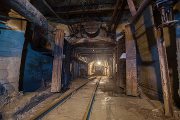 Canvas Print - Underground gold mine shaft tunnel drift with rails and doors